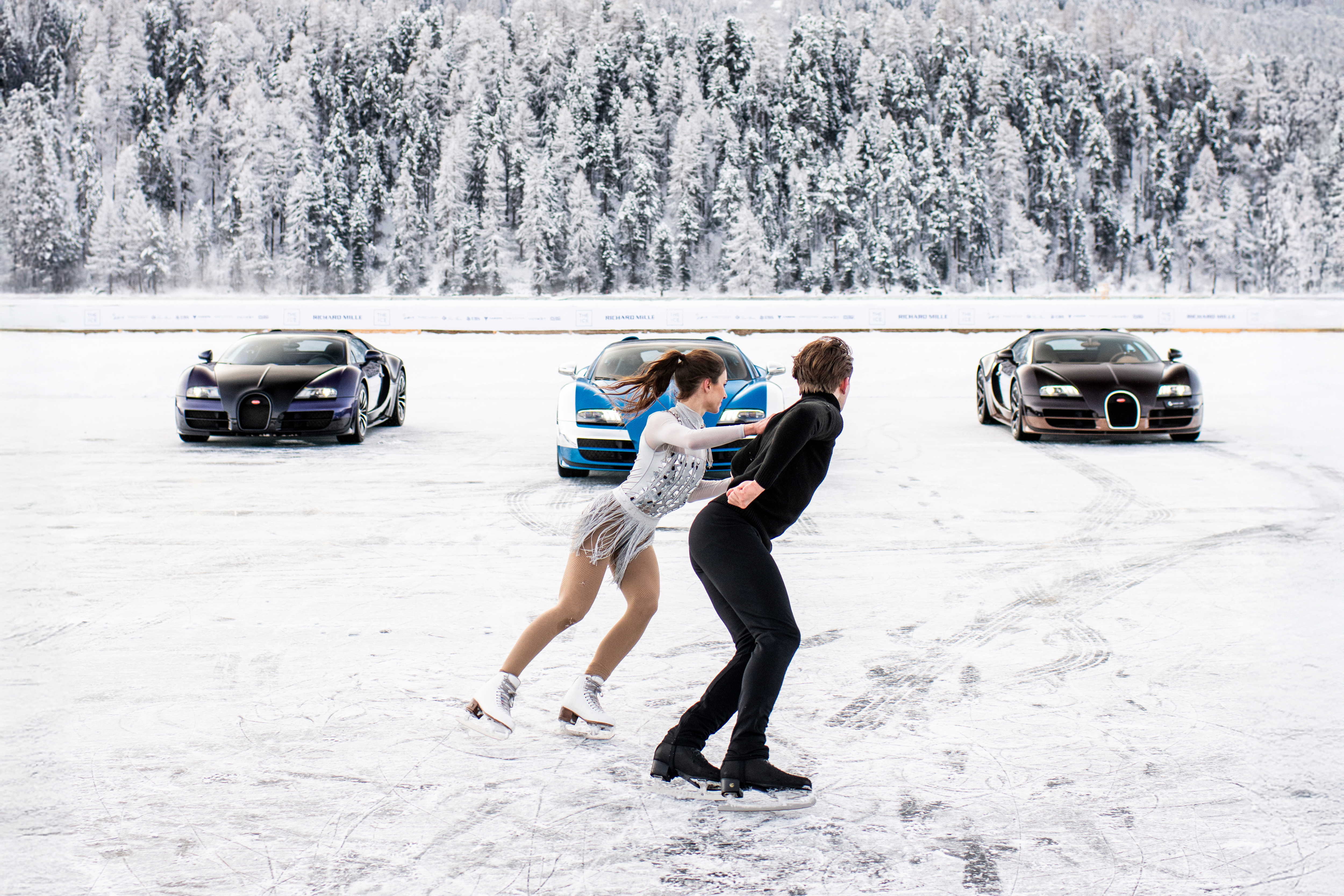 Three Veyron models and graceful ice skaters offered an artistic homage to the legendary car.